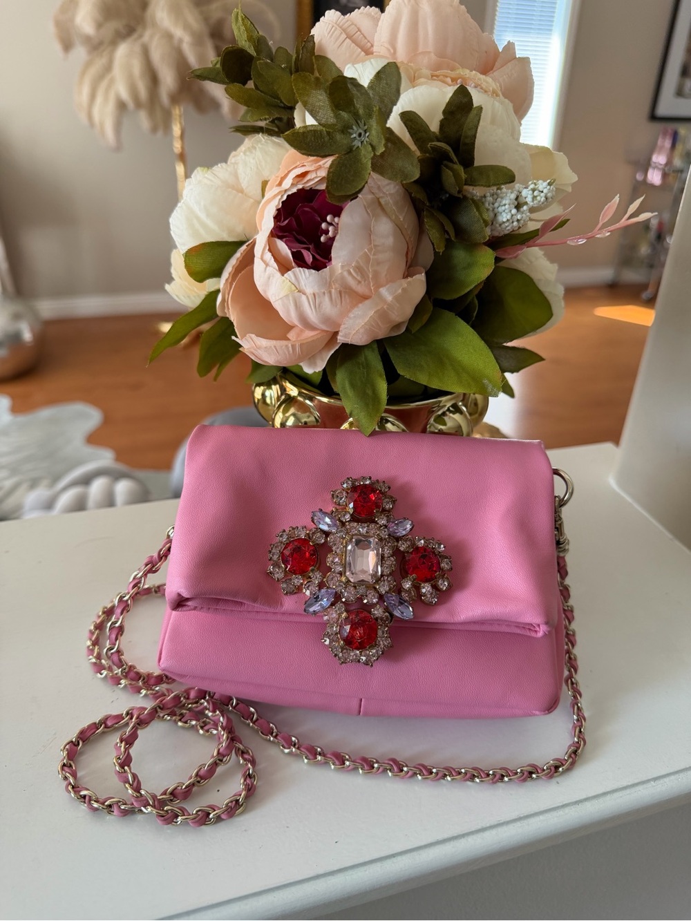 Juicy Couture Genuine Leather Mini Pink Jeweled Shoulder Bag with Chain Strap